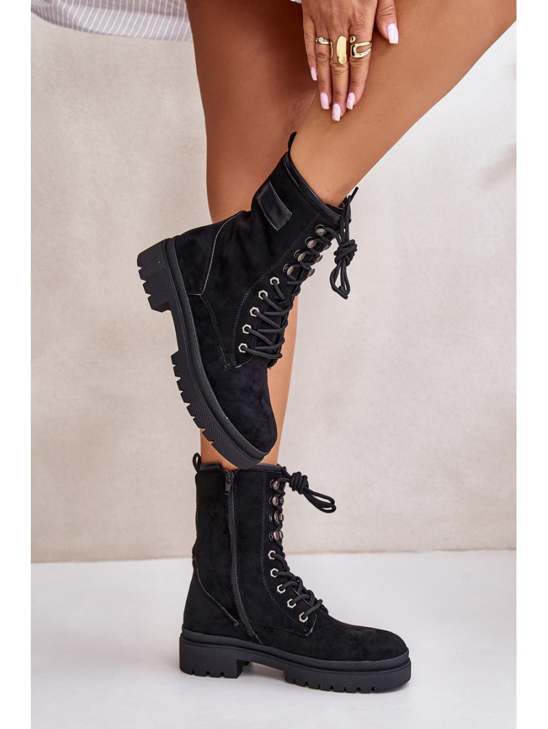 Women's Zip Up Worker Boots Made Of Eco Suede Black Savalann
