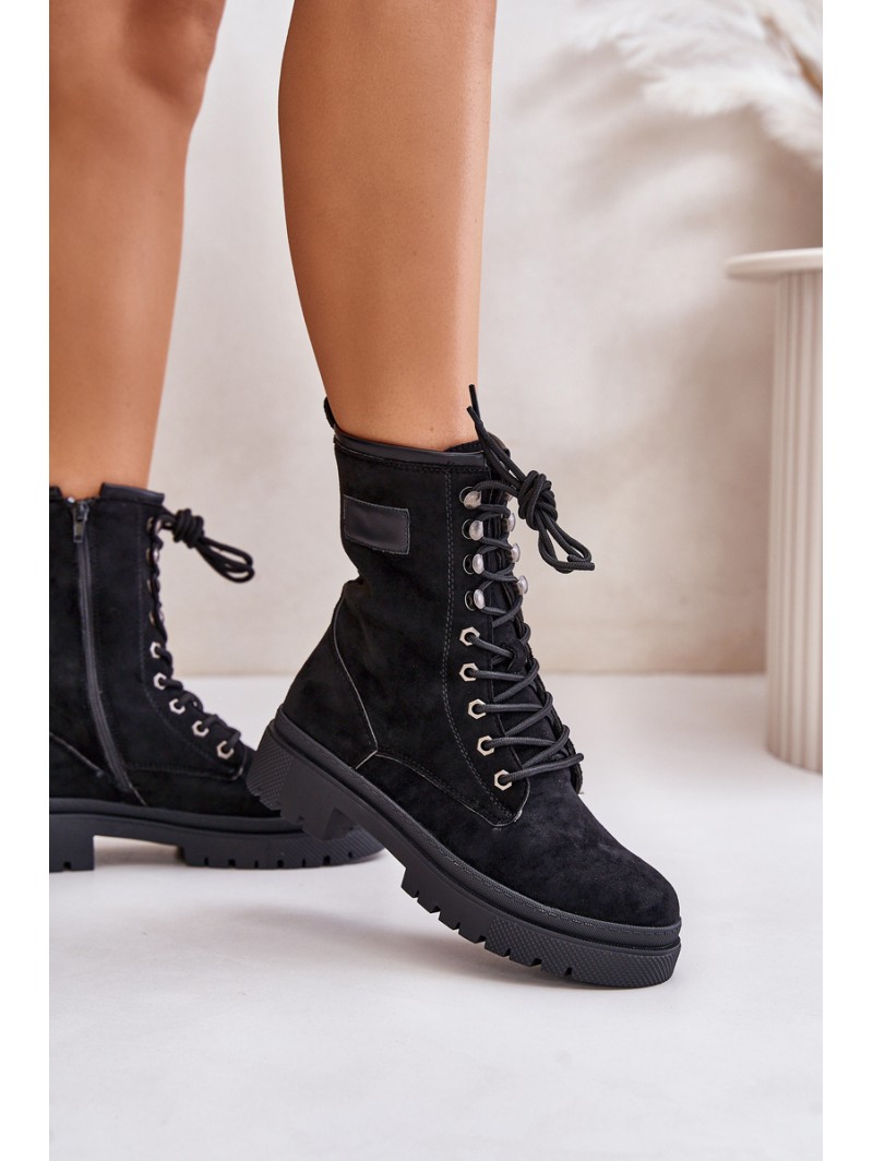 Women's Zip Up Worker Boots Made Of Eco Suede Black Savalann