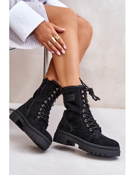Women's Zip Up Worker Boots Made Of Eco Suede Black Savalann