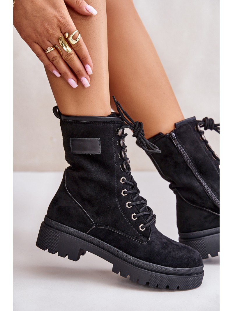 Women's Zip Up Worker Boots Made Of Eco Suede Black Savalann
