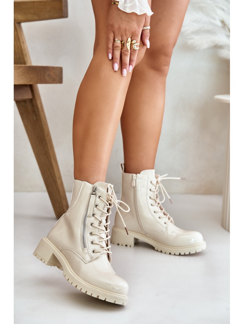 Lacquered Worker Ankle Boots With Zipper Insulated Beige Ravanthia