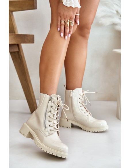 Lacquered Worker Ankle Boots With Zipper Insulated Beige Ravanthia