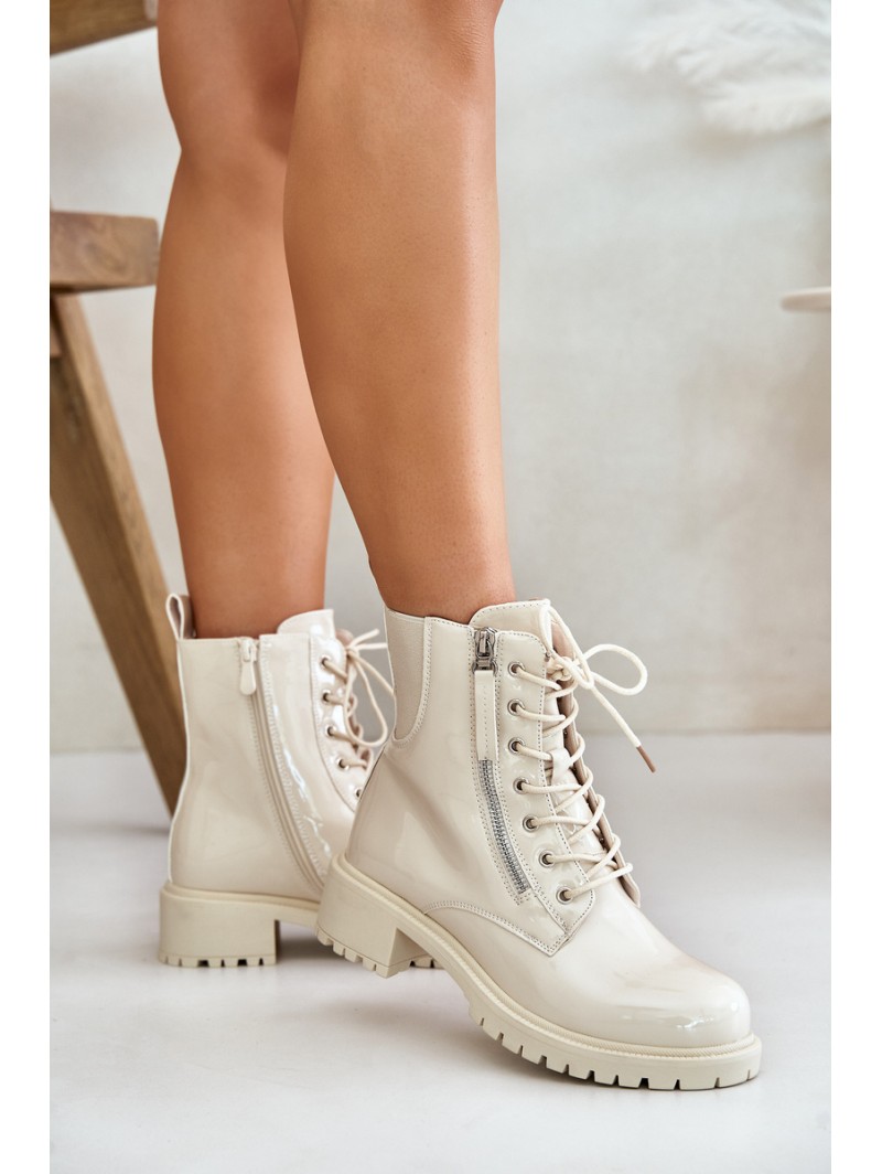Lacquered Worker Ankle Boots With Zipper Insulated Beige Ravanthia