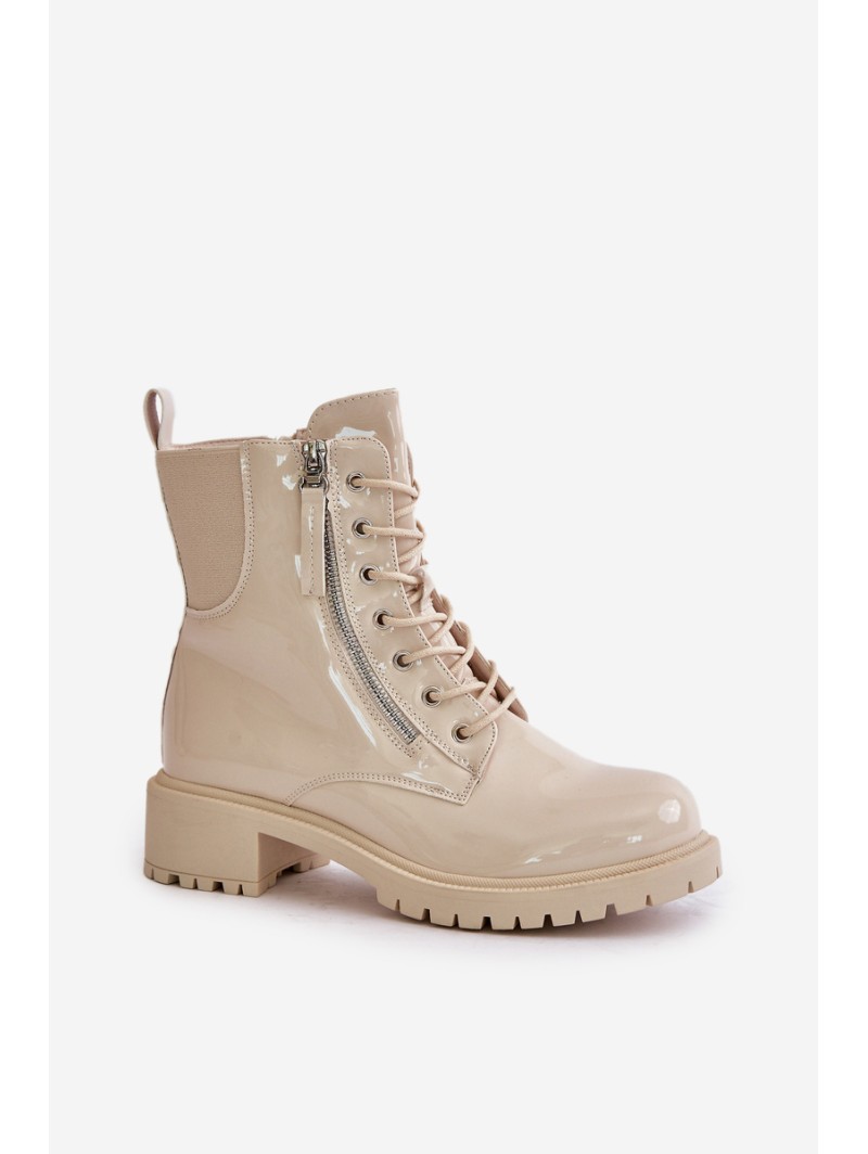 Lacquered Worker Ankle Boots With Zipper Insulated Beige Ravanthia
