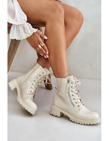 Lacquered Worker Ankle Boots With Zipper Insulated Beige Ravanthia