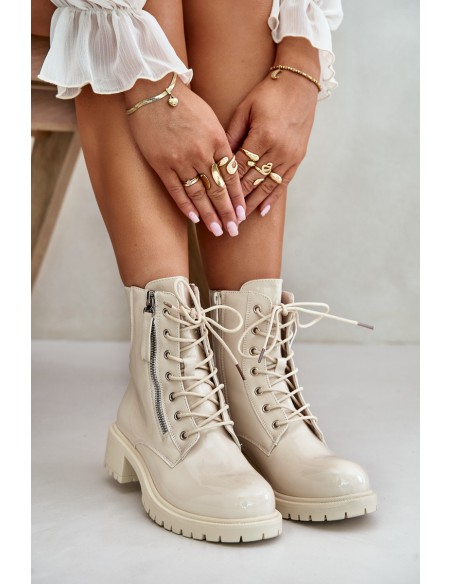 Lacquered Worker Ankle Boots With Zipper Insulated Beige Ravanthia