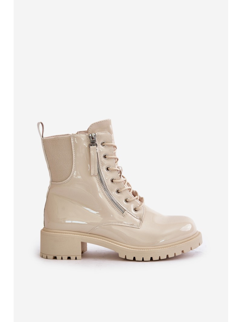 Lacquered Worker Ankle Boots With Zipper Insulated Beige Ravanthia