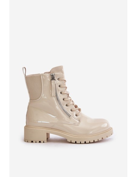 Lacquered Worker Ankle Boots With Zipper Insulated Beige Ravanthia