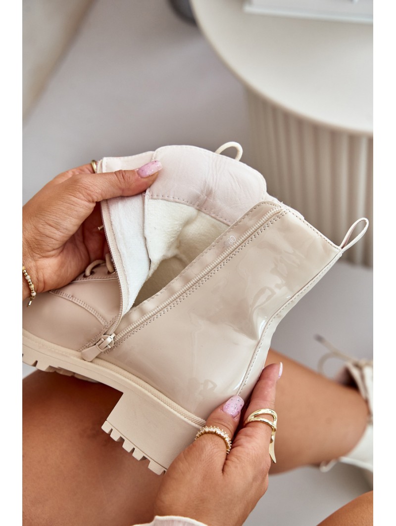 Lacquered Worker Ankle Boots With Zipper Insulated Beige Ravanthia