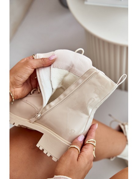 Lacquered Worker Ankle Boots With Zipper Insulated Beige Ravanthia