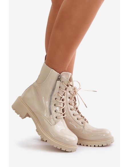 Lacquered Worker Ankle Boots With Zipper Insulated Beige Ravanthia