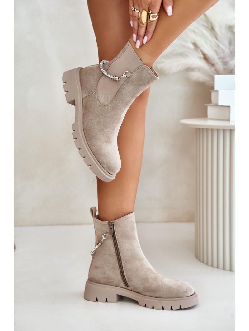 Warm Ankle Boots With Zipper And Decorative Strap Beige Labenne