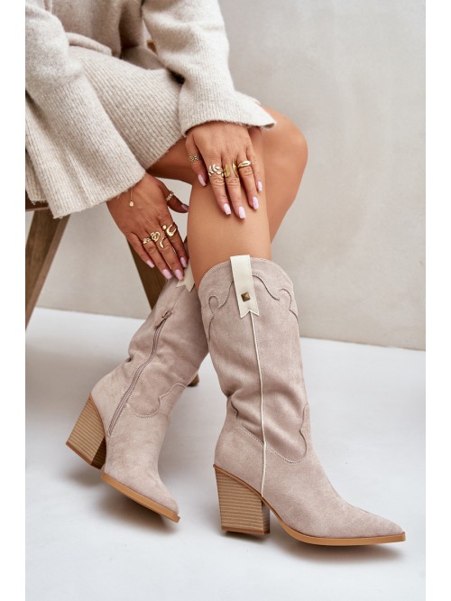 Izoliuoti kaubojiški batai ant kulno Eco Suede Beige Hanivin