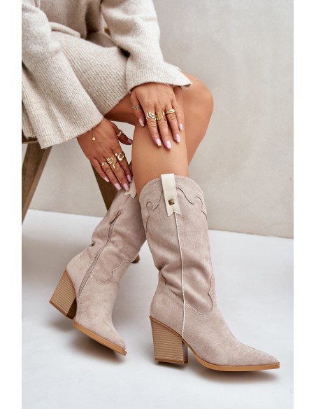 Insulated Cowboy Boots On Heel Eco Suede Beige Hanivin