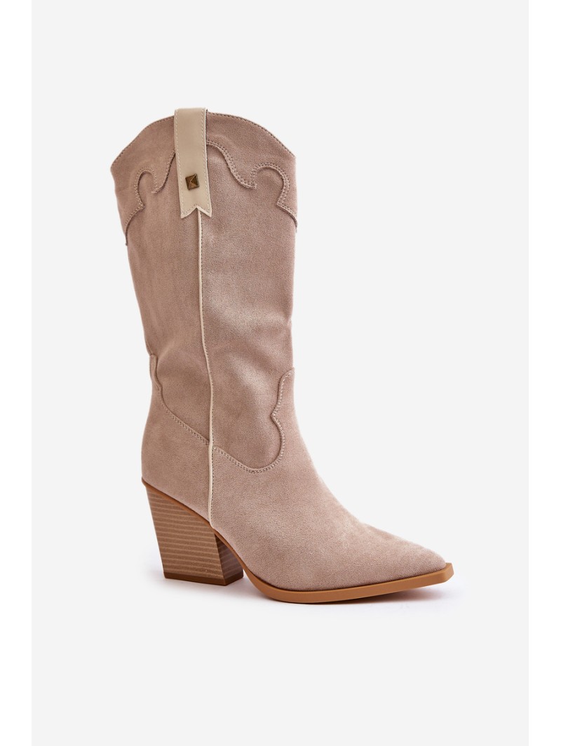 Insulated Cowboy Boots On Heel Eco Suede Beige Hanivin