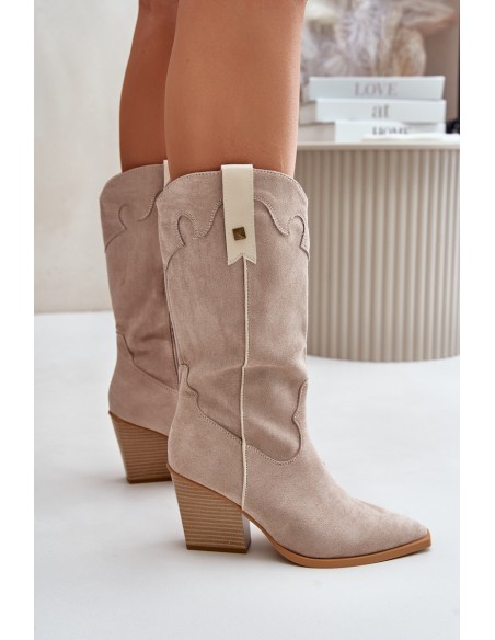 Insulated Cowboy Boots On Heel Eco Suede Beige Hanivin
