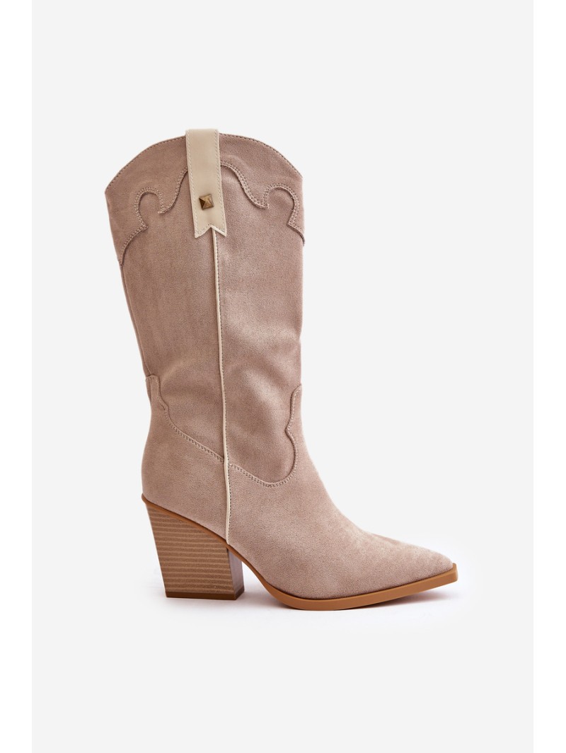 Insulated Cowboy Boots On Heel Eco Suede Beige Hanivin