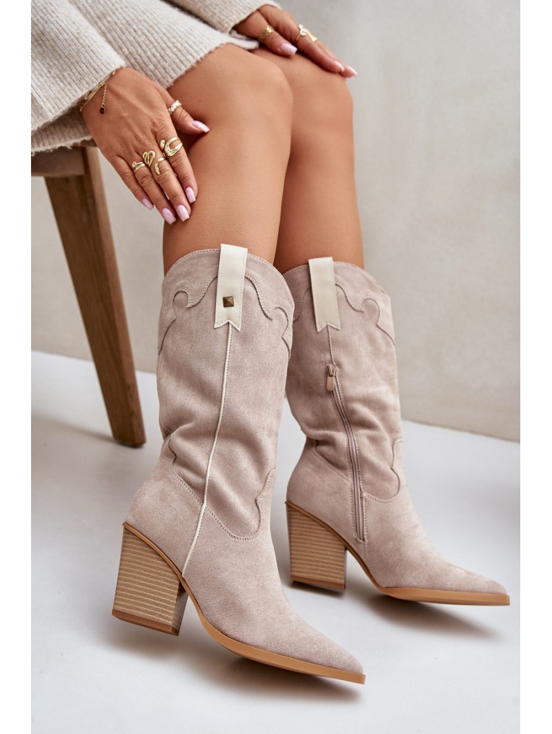 Insulated Cowboy Boots On Heel Eco Suede Beige Hanivin
