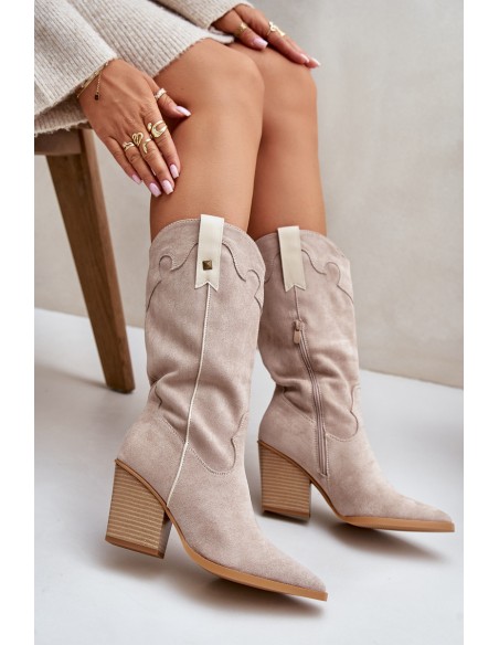 Insulated Cowboy Boots On Heel Eco Suede Beige Hanivin
