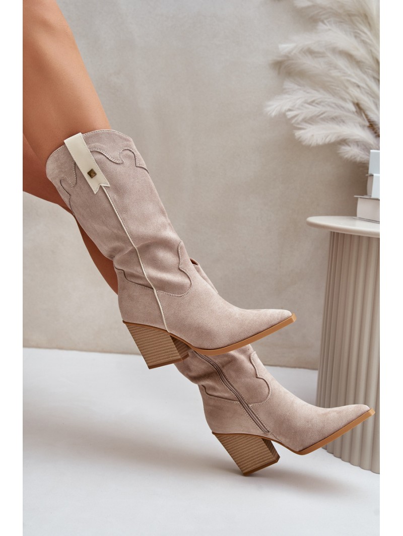 Insulated Cowboy Boots On Heel Eco Suede Beige Hanivin