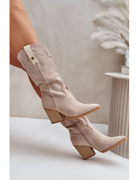 Insulated Cowboy Boots On Heel Eco Suede Beige Hanivin