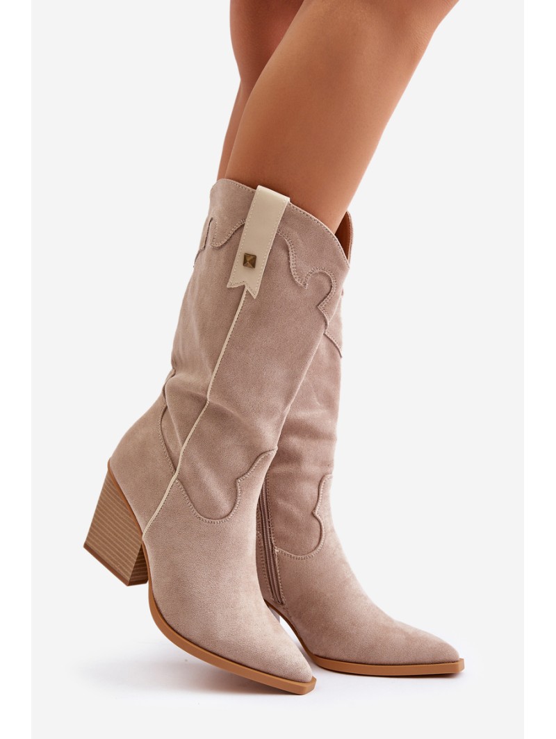 Insulated Cowboy Boots On Heel Eco Suede Beige Hanivin