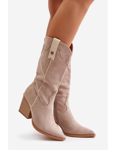 Insulated Cowboy Boots On Heel Eco Suede Beige Hanivin