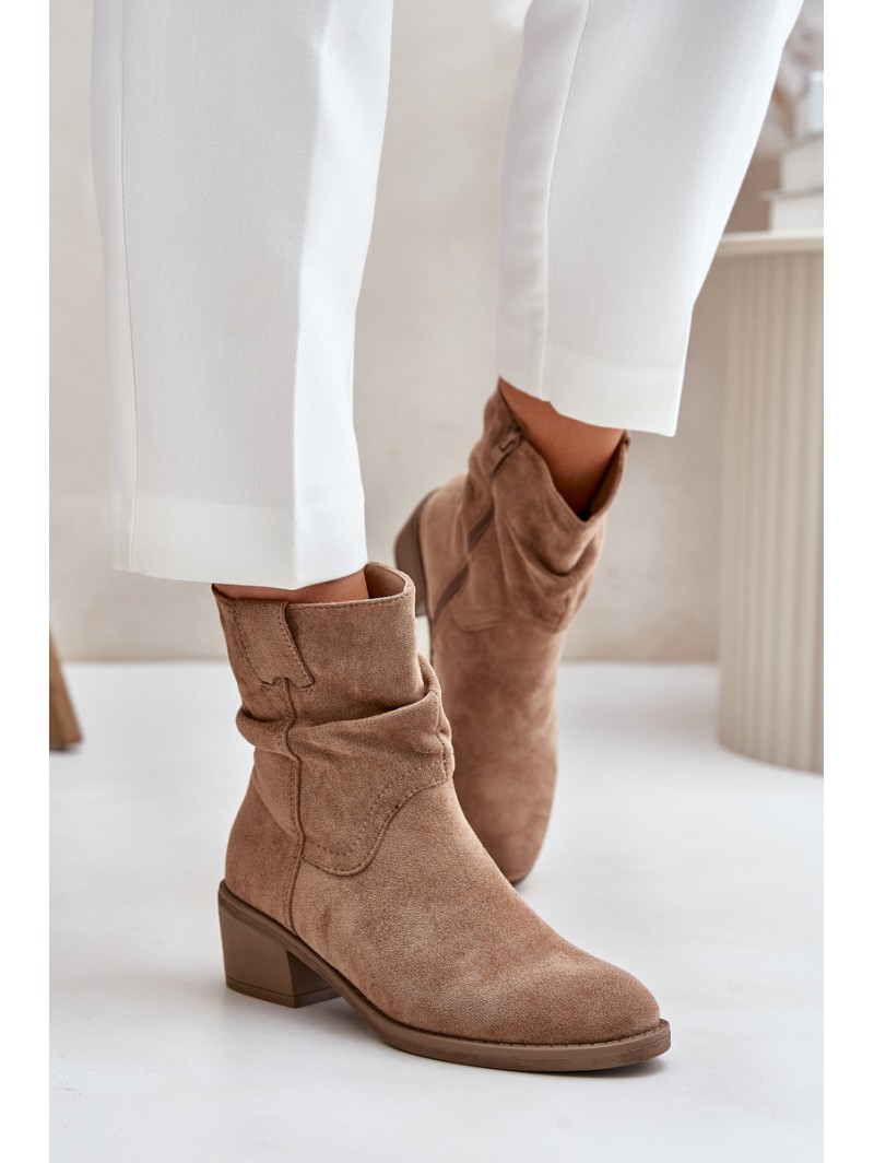 Warm Women's Boots With Gathered Shaft On Low Heel Beige Zinanya