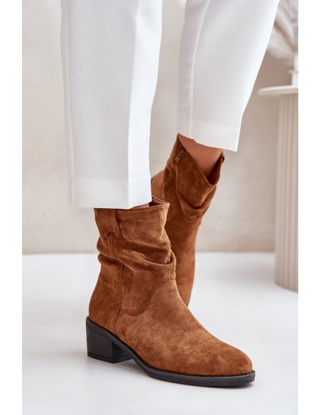 Warm Women's Boots With Gathered Shaft On Low Heel Beige Zinanya