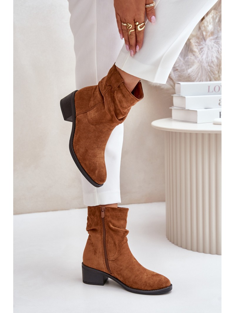Warm Women's Boots With Gathered Shaft On Low Heel Beige Zinanya