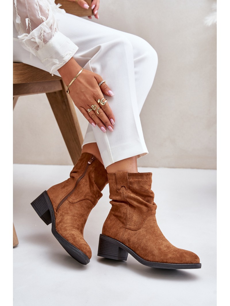 Warm Women's Boots With Gathered Shaft On Low Heel Beige Zinanya