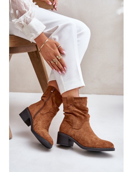 Warm Women's Boots With Gathered Shaft On Low Heel Beige Zinanya