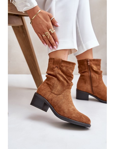 Warm Women's Boots With Gathered Shaft On Low Heel Beige Zinanya