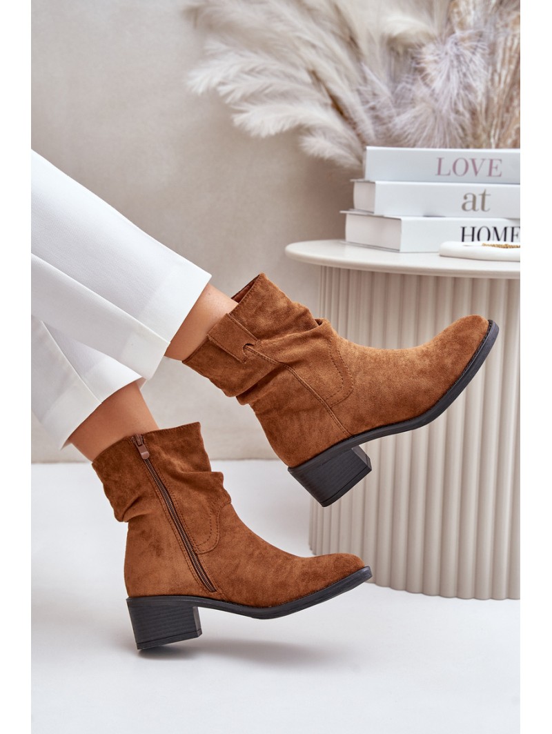 Warm Women's Boots With Gathered Shaft On Low Heel Beige Zinanya