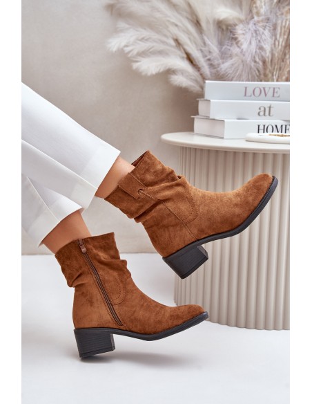 Warm Women's Boots With Gathered Shaft On Low Heel Beige Zinanya