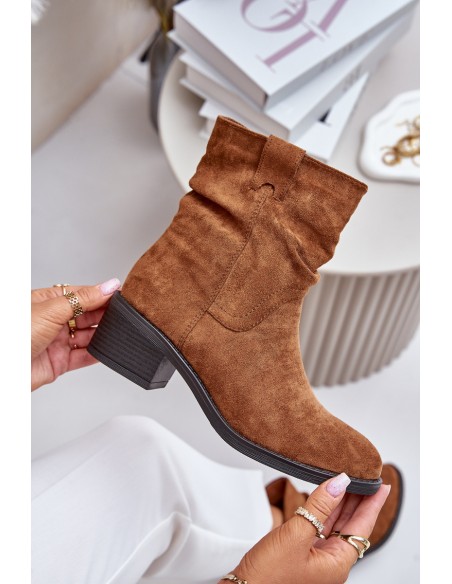 Warm Women's Boots With Gathered Shaft On Low Heel Beige Zinanya