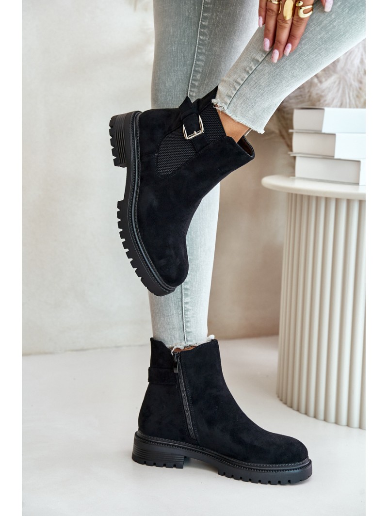 Insulated ankle boots with zipper and buckle black Kikiella