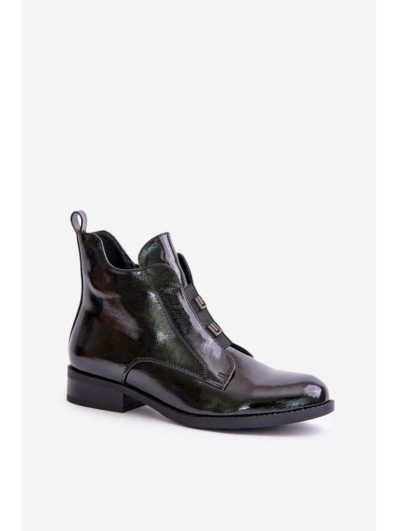 Lacquered Ankle Boots With Zipper Insulated Flat Heel S.Barski HY42-717 Black