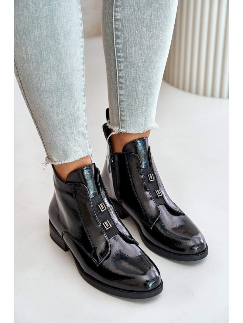 Lacquered Ankle Boots With Zipper Insulated Flat Heel S.Barski HY42-717 Black