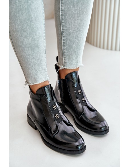 Lacquered Ankle Boots With Zipper Insulated Flat Heel S.Barski HY42-717 Black