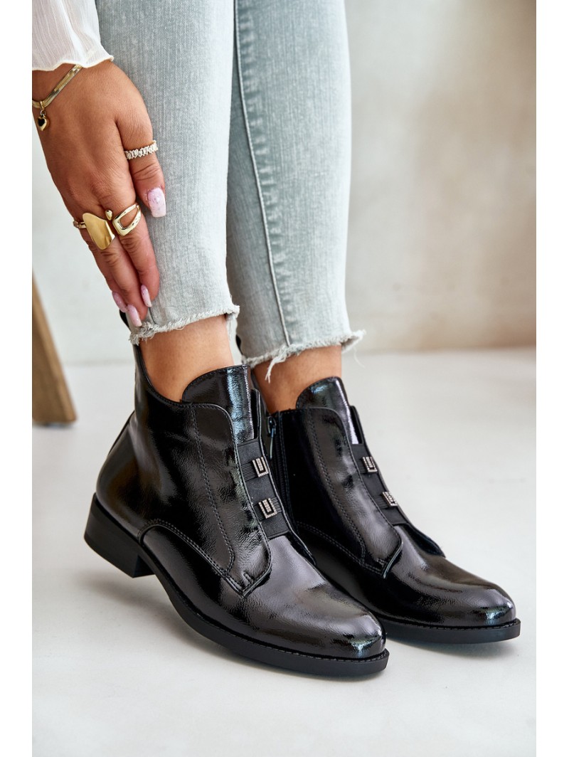 Lacquered Ankle Boots With Zipper Insulated Flat Heel S.Barski HY42-717 Black