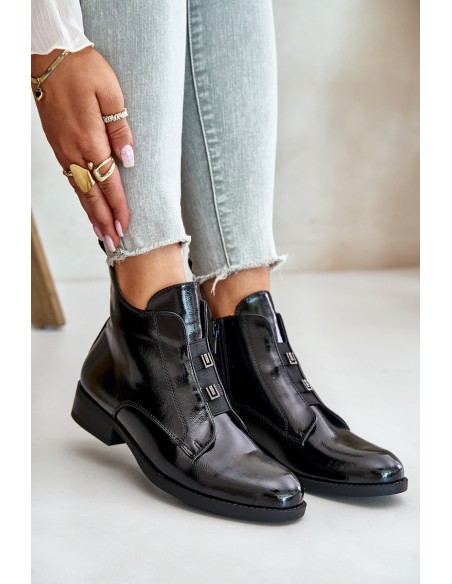 Lacquered Ankle Boots With Zipper Insulated Flat Heel S.Barski HY42-717 Black