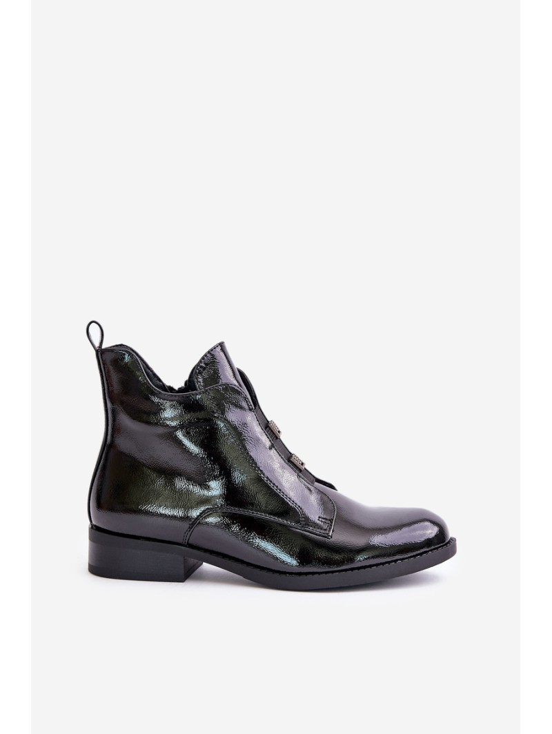 Lacquered Ankle Boots With Zipper Insulated Flat Heel S.Barski HY42-717 Black