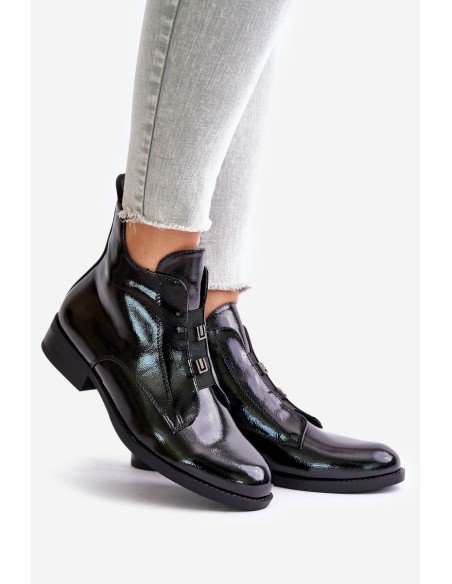 Lacquered Ankle Boots With Zipper Insulated Flat Heel S.Barski HY42-717 Black