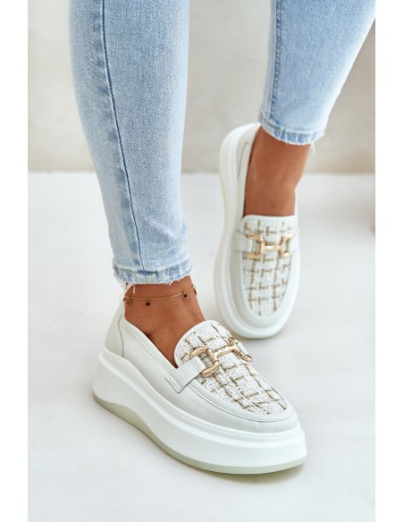 Leather Women's Moccasins On Platform With Golden Decoration 89105 Vinceza Light Beige