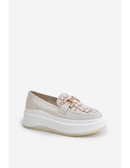 Leather Women's Moccasins On Platform With Golden Decoration 89105 Vinceza Light Beige