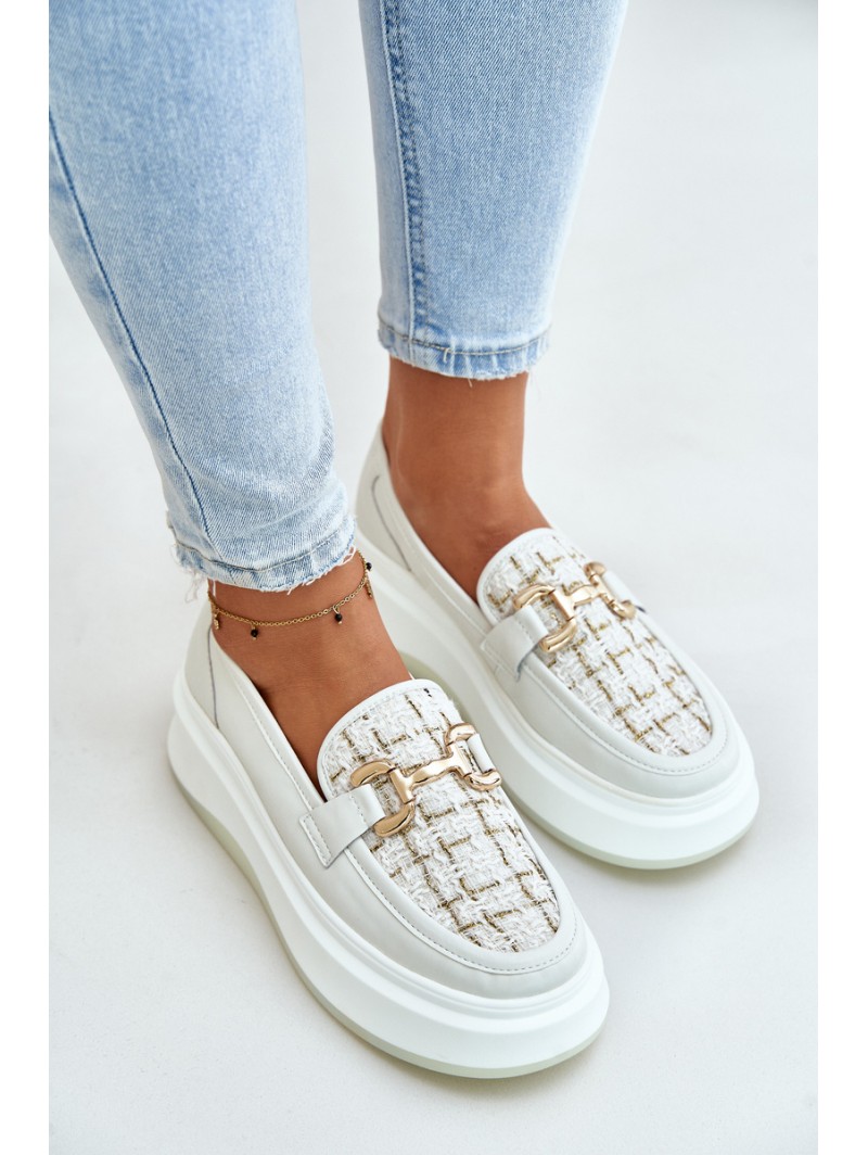 Leather Women's Moccasins On Platform With Golden Decoration 89105 Vinceza Light Beige