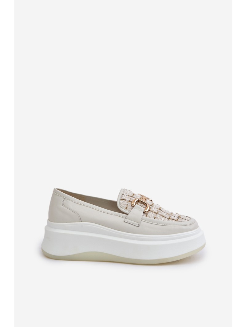 Leather Women's Moccasins On Platform With Golden Decoration 89105 Vinceza Light Beige