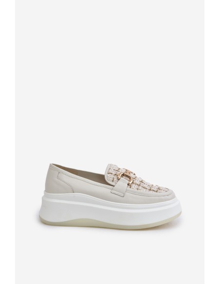 Leather Women's Moccasins On Platform With Golden Decoration 89105 Vinceza Light Beige