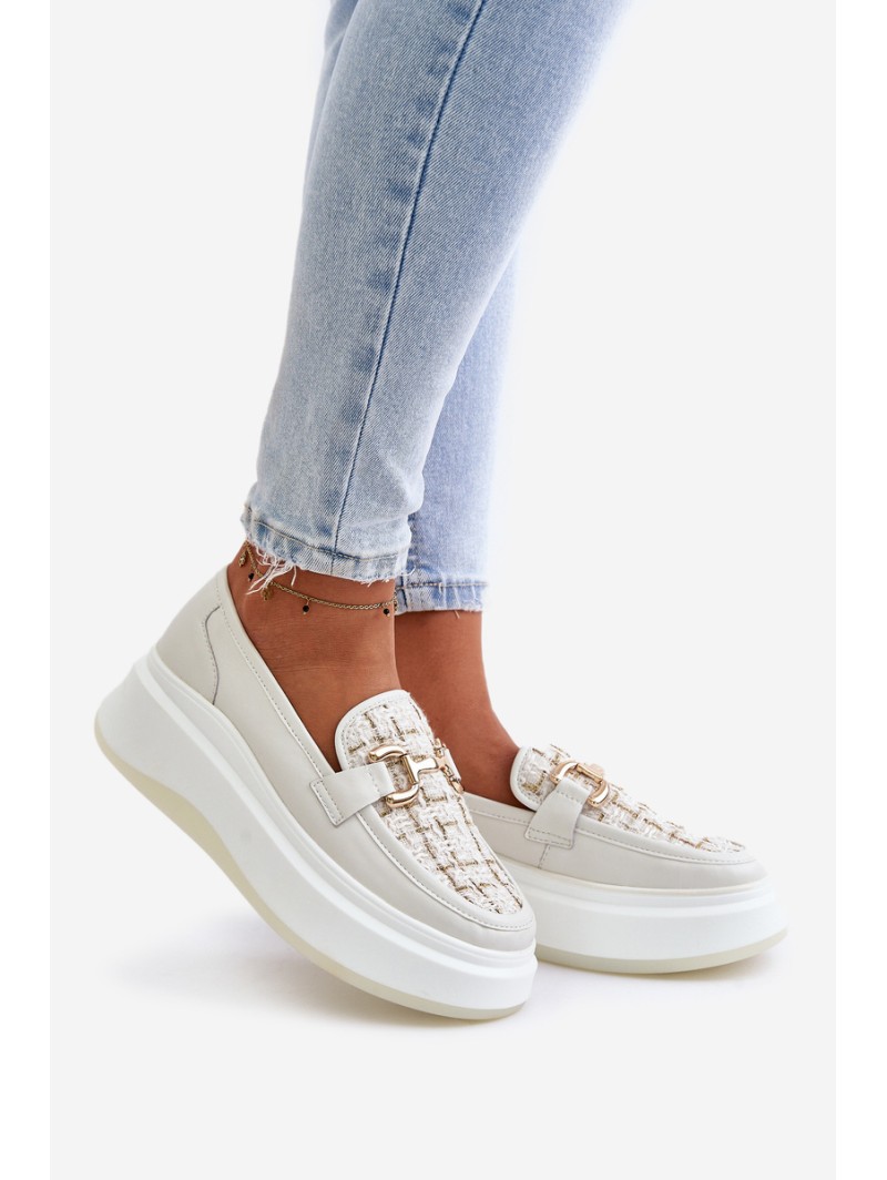 Leather Women's Moccasins On Platform With Golden Decoration 89105 Vinceza Light Beige